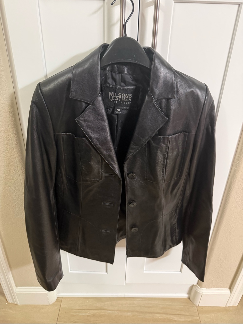 Wilsons Leather Black Button-Front Leather Blazer